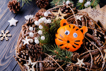 Tiger from orange. Year of the Tiger - 2022 Chinese Zodiac. Christmas composition