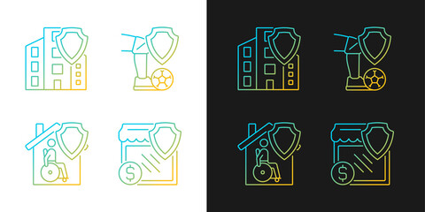 Insurance cases gradient icons set for dark and light mode. Financial compensation at accidents. Thin line contour symbols bundle. Isolated vector outline illustrations collection on black and white