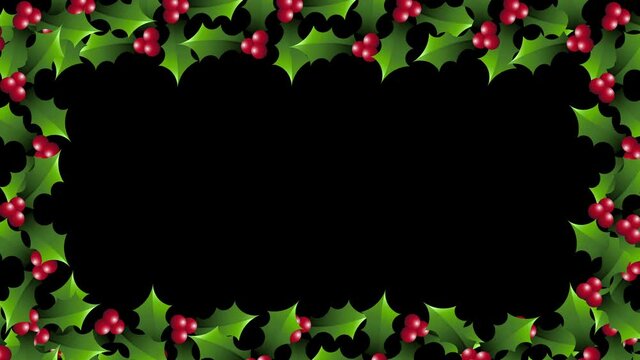 3d Holly berries rotating 2 sides frame template on black background. Christmas and new year cards or banner design.Natural green leaves and berries new year and Christmas Frame template.