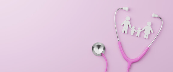 Top view of medical stethoscope and icon family on pink background. Health care insurance concept. 3d rendering