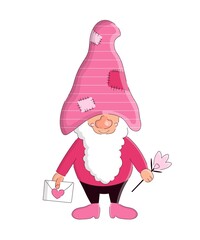 Cute Valentines Day gnome with letter and flower. Vector holiday illustration