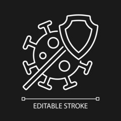 Covid insurance white linear icon for dark theme. Coronavirus treatment coverage. Thin line customizable illustration. Isolated vector contour symbol for night mode. Editable stroke. Arial font used