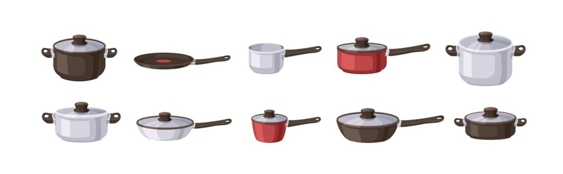 Saucepans, frying pans, soup pots, saute, stewpot and skillet set. Metal, aluminum, steel kitchenware with glass lids. Cooking utensil. Flat vector illustrations isolated on white background