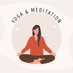 Square card with young woman meditating and doing yoga breathing exercise. Woman practicing Pranayama and meditation. Poster template. Flat style vector illustration. 