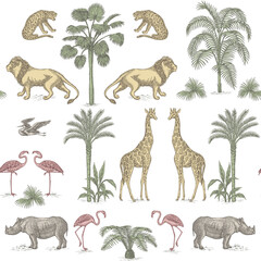 Tropical ink drawn palm trees,  lion, giraffe,rhino, leopard, flamingo summer floral seamless pattern.Exotic jungle toile wallpaper.