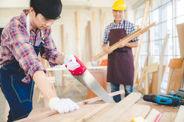 wooden workshop concept, carpenter team craftsman person working with a wood work construction tool