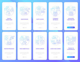 Staff perks onboarding mobile app page screen. Bonuses for corporate workers walkthrough 5 steps graphic instructions with linear concepts. UI, UX, GUI template. Myriad Pro-Bold, Regular fonts used