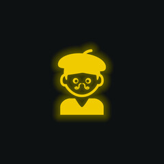 Bohemian Artist Man With Hat And Moustache yellow glowing neon icon