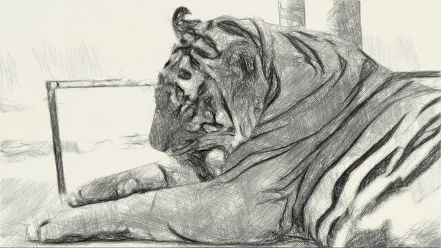 art drawing black and white of tigar in the zoo