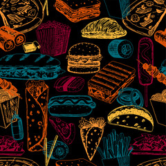 Fast food sketches seamless pattern. Delicious food colored ornament. Hand drawn vector illustration. Modern style design for decor, wallpaper, background, textile.