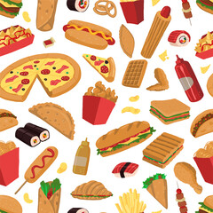 Fast food seamless pattern. Delicious food colored ornament. Cartoon vector illustration. Modern design for decor, wallpaper, background, textile.
