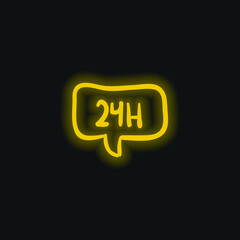 24 Hours In Speech Bubble Hand Drawn Commercial Signal yellow glowing neon icon