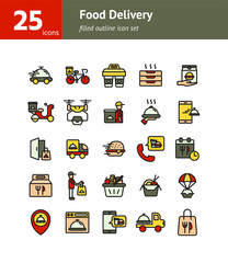 Food Delivery filled outline icon set. Vector and Illustration.