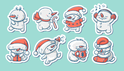 A set of stickers with cute snowmen isolated on the background. Vector illustration