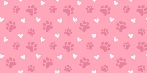 Vector illustration of animal paw print with heart on pink color background. Flat style design of seamless pattern with cat paw