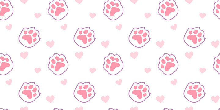 Vector illustration of animal pink color paw print with claw and pad on white background. Flat line art style design of seamless pattern with cat paw and heart