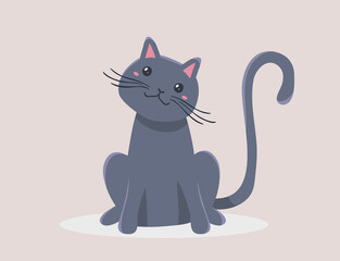 Vector illustration of happy cute gray cat character on color background with shadow. Flat style design of sitting animal cat