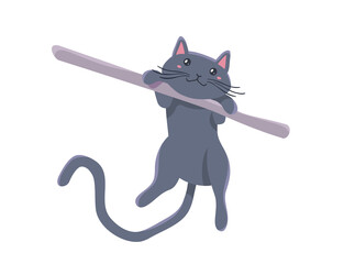 Vector illustration of happy cute gray cat character on white color background with shadow and stick. Flat style design of hanging on stick animal cat