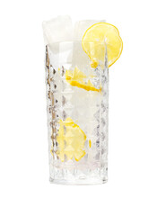 A glass of water with lemon and ice.