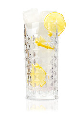 A glass of water with lemon and ice.