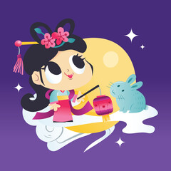 Cartoon Chinese Mid Autumn Festival Goddess Rabbit Moon.