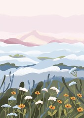 Fototapeta na wymiar Peaceful landscape with fog over meadow of spring flowers in morning. Calm idyllic nature in mist.Tranquil serene scenery. Still quiet scene of countryside environment. Flat vector illustration