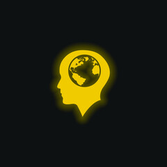 Bald Male Head With Earth Globe Inside yellow glowing neon icon