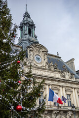 Tours, France - NOV 27, 2021: Decorated Christmas tree near the city hall of Tours. Tours,...