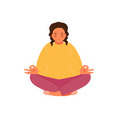 Meditating happy little girl in the lotus position. Yoga kids. Vector illustration