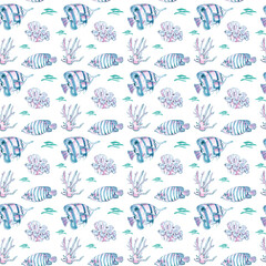 Watercolor sea life seamless pattern,digital paper. Ocean wildlife, sea fishes drawing in blue indigo and pink colors. Great for scrapbooking, background, wallpaper, wrapping paper, fabric and textile