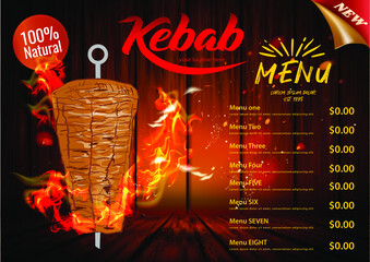 Shawarma cooking and ingredients for kebab. Doner kebab hand drawn. Middle eastern food. Fast food menu design elements. Restaurant cafe menu, template design. Food flyer. Vector.