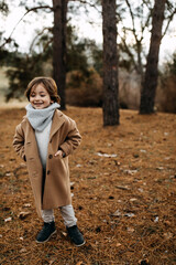 Little boy wearing a wool coat walking in a forest on late autumn day, smiling.