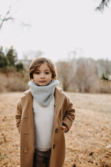 Little boy wearing a wool coat in a park on late autumn day, looking at camera.
