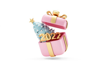 Cartoon Christmas Tree with Candy and 2022 Gold Symbol inside of Gift Box on white background