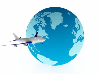 3d illustration air plane world map globe travel concept
