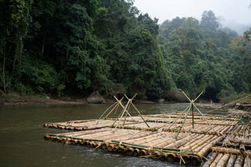 Fototapeta na wymiar Bamboo rafts for river rafting Nature tourism in Thailand