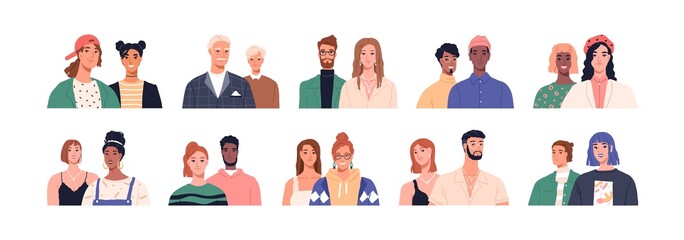 Diverse couples, friends and partners portraits set. Happy smiling people in pairs, modern positive men and women of different age and race. Flat vector illustrations isolated on white background