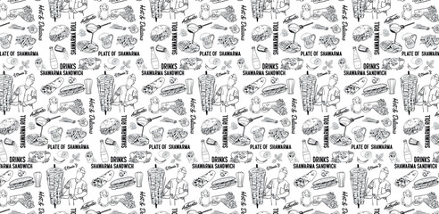 Shawarma cooking and ingredients for kebab. Seamless pattern. Vintage design template, banner. Vector.