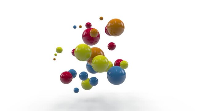 Loop 3d animation of the appearance of multicolored balls on a white background. the balls increase and decrease in size. Multicolored chaos and abstraction.
