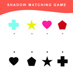 Matching shapes worksheet game for preschool children. Educational printable worksheet. Vector file. Motoric movements and educational worksheet. Matching images with shadows. 