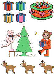6 christmas elements, christmas set, new year postcard, card, poster, banner, cute illustrations, giftboxes, cake, christmas tree decoration, deer