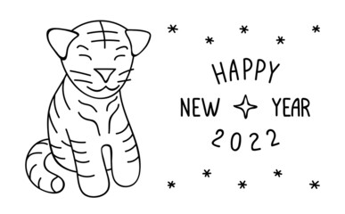 Cute hand drawn Tiger and inscription Happy New Year 2022. Linear drawing. Design Template for Christmas card, banner, poster, holiday decoration. Vector