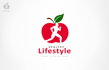 Man and apple logo. Healthy lifestyle. The man is running. Diet and weight loss concept. Red apple.