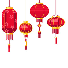 Fototapeta na wymiar Happy Chinese New Year greeting card with hanging lanterns. Background with talismans and holiday decorations. Asian tradition symbols.