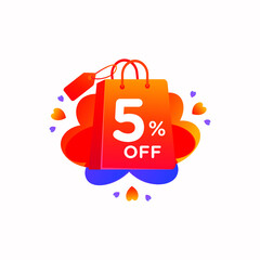 5 % off with love shopping bag icon and Sale tag discount offer price label element design. Vector special sale offer illustration template for corporate identity, Special offer tag, Super Sale label