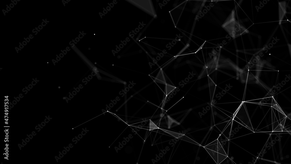 Poster Abstract geometric background with connecting points and lines. Abstract black digital background. Network concept. Big data complex with compounds. 3D rendering.