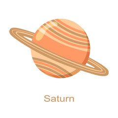 Saturn planet with rings icon with name isolated on white background. Universe element of Solar system. Kids planetary. Vector cartoon illustration. © vikusha_art