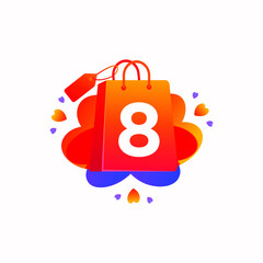 Eight Number with love shopping bag icon and Sale tag vector element design. Eight numerical illustration template for corporate identity, Special offer tag, Super Sale label, sticker, poster etc.