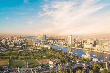 Beautiful view of the center of Cairo and Zamalek island from the Cairo Tower in Cairo, Egypt