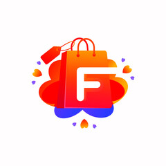 F letter with love shopping bag icon and Sale tag vector element design. F alphabet illustration template for corporate identity, Special offer tag, Super Sale label, sticker, poster etc.